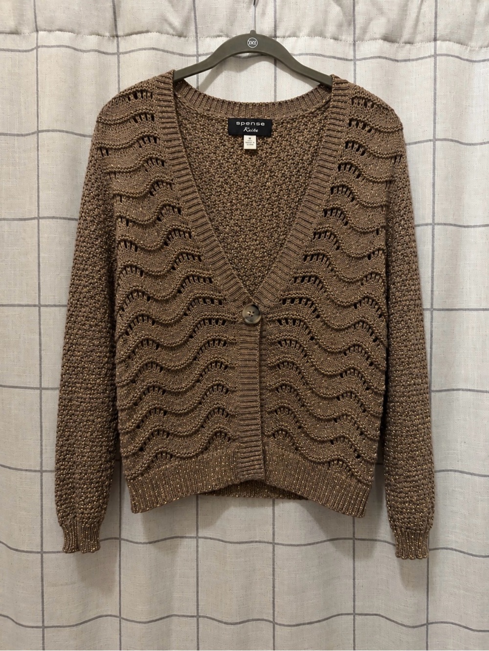 Spense Knit Brown with Gold Metallic V-Neck Button Cardigan Sweater